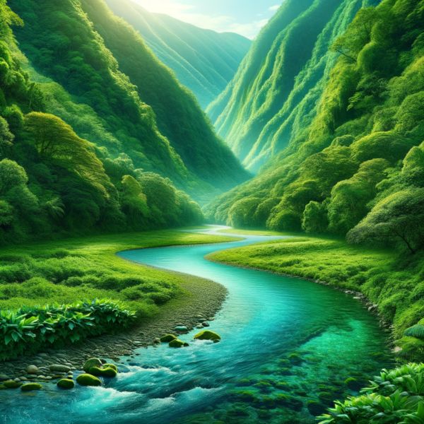 Calm river flowing through lush green valley for anxiety relief hypnosis