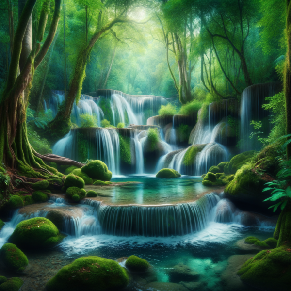 A gentle waterfall cascading through a verdant forest