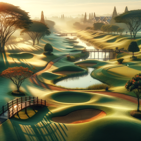 Golf course in early morning sunlight with a flowing river, representing mental clarity and visualization in golf.