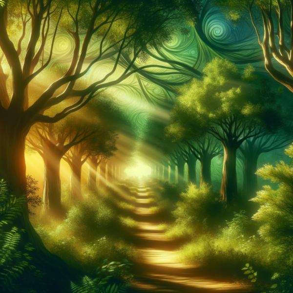 A calm path through a lush forest representing the journey to inner wealth