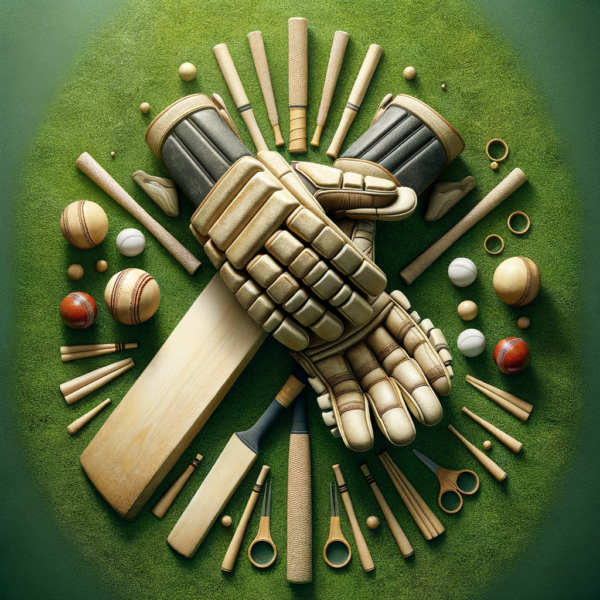 A pair of cricket gloves placed together on a grass field, suggesting practice and preparation