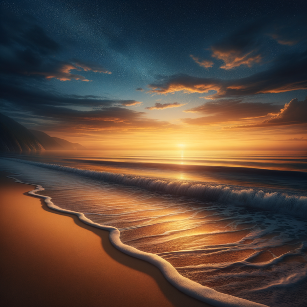 A tranquil beach scene with gentle waves and a colorful horizon.