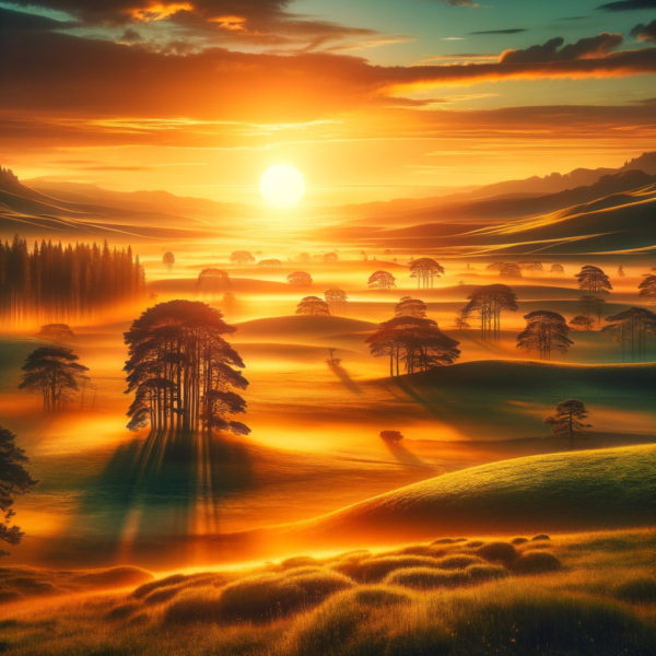 A bright, warm sun rising over a peaceful landscape