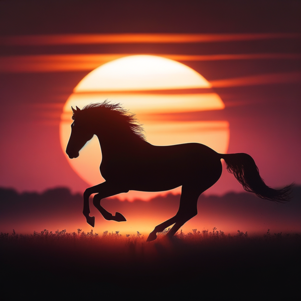 Silhouette of a horse galloping across a field with a sunset in the background