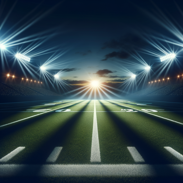 An inspiring football field under stadium lights representing hypnosis audio for football success