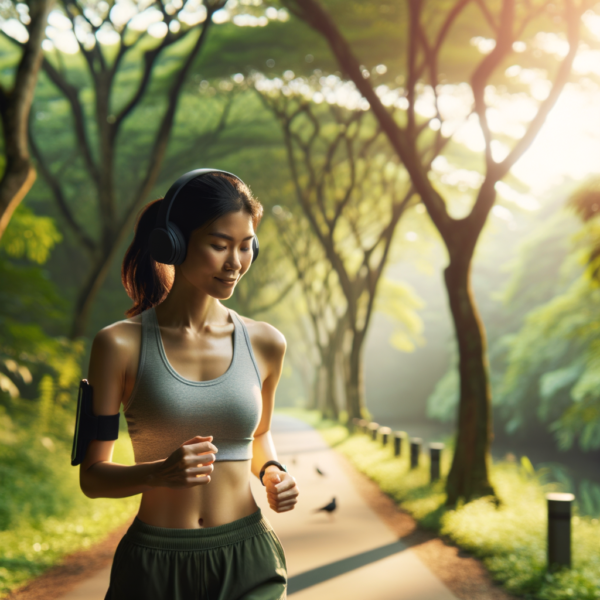 A runner listening to hypnosis audio with headphones on a picturesque trail