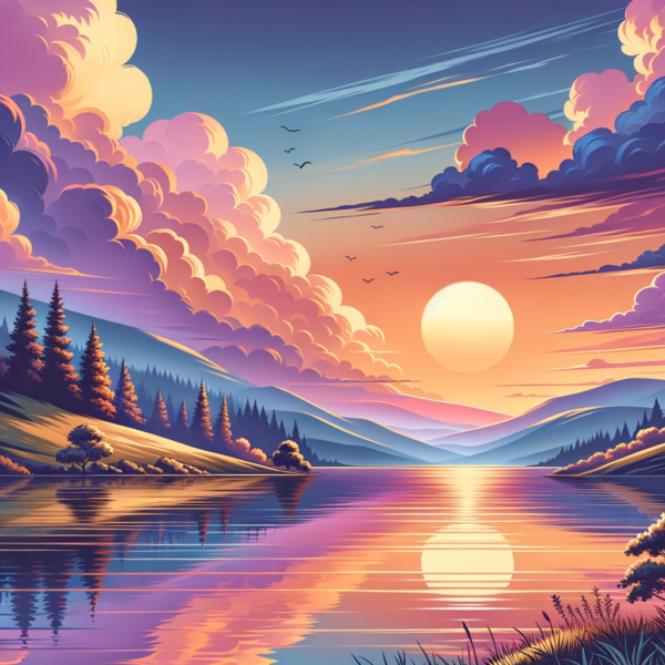 Relaxing scenic illustration with a calm lake and soft clouds