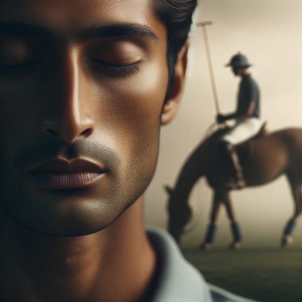 Focused polo player meditating with horse in background