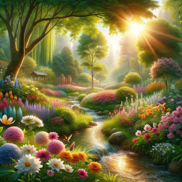 A peaceful garden scene with a variety of vibrant flowers and gentle streams.