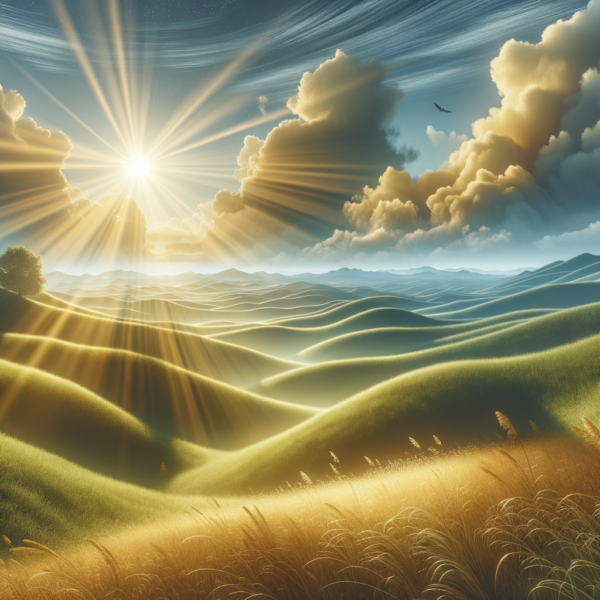 Calming landscape with sunlit rolling hills suggesting peace and relaxation for hypnosis