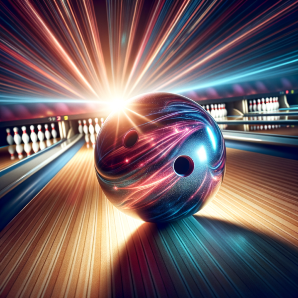 A glowing bowling ball in mid-trajectory down the lane