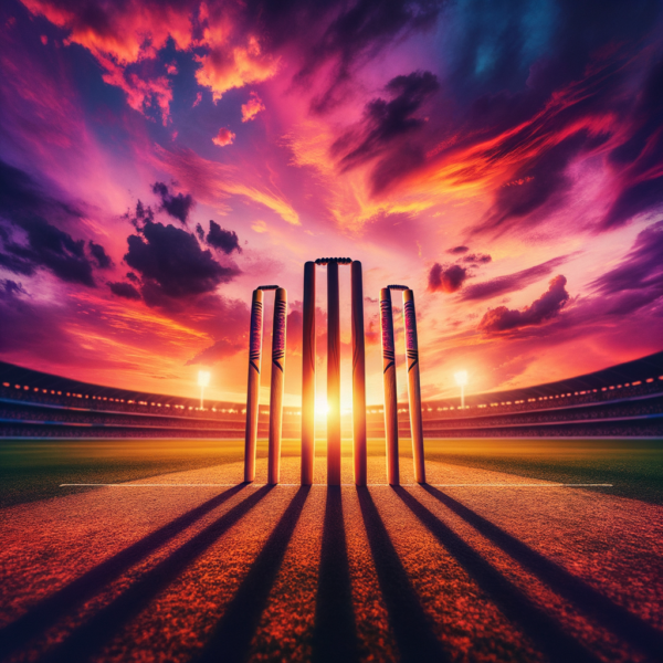 A cricket stumps set against a vibrant sunset, representing dream and aspiration