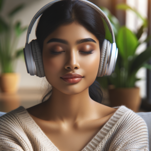 Relaxed individual with closed eyes listening to calming audio