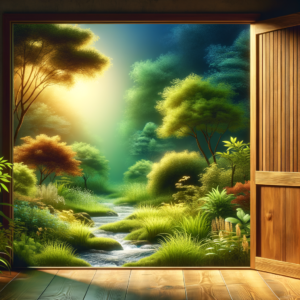 Serene imagery of an open door leading to a tranquil garden