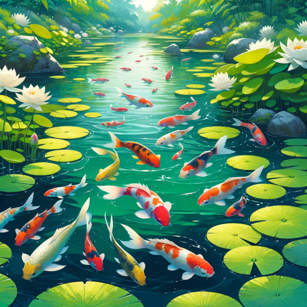 A tranquil koi pond with colorful fish swimming through clear waters.