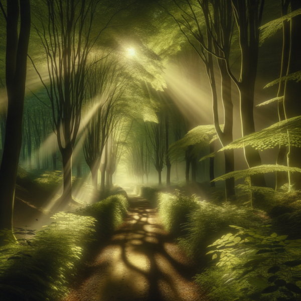 a serene path leading through a peaceful forest, symbolizing a journey