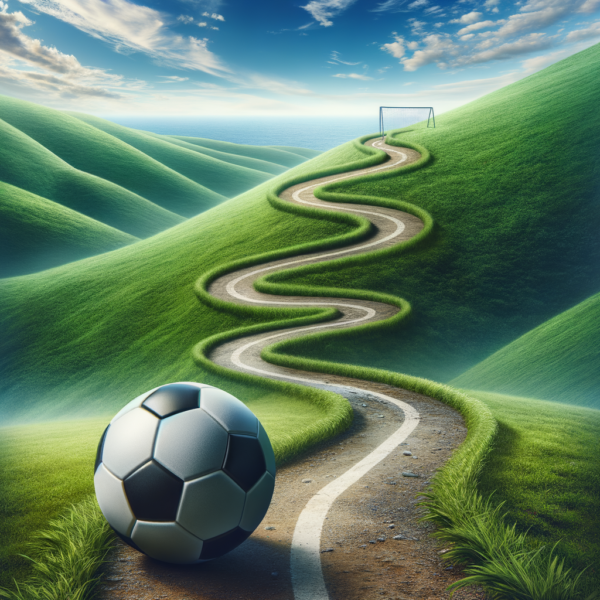 A lone soccer ball on a path towards a distant goal under a serene sky