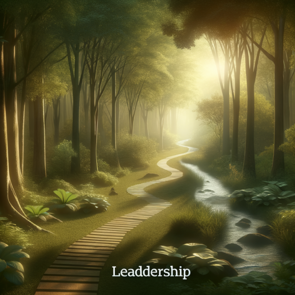 A tranquil winding path through a calm forest symbolizing the leadership journey