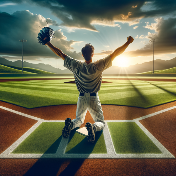 A baseball player joyfully celebrating on the field, representing triumph and inner strength.