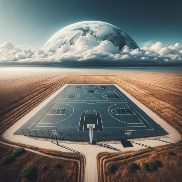 Expansive basketball court under a vast clear sky, symbolizing limitless potential