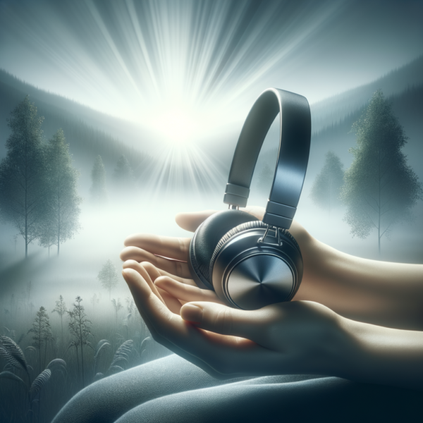 A person sitting in a relaxed setting, wearing headphones and listening to hypnosis audio for success.