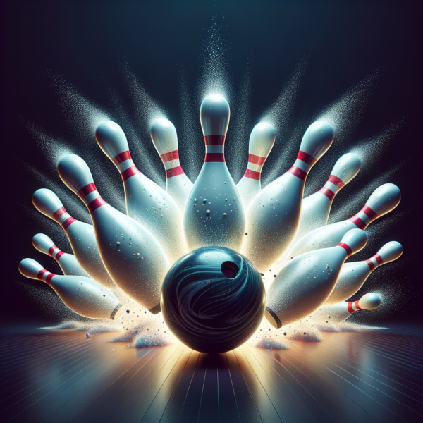 Bowling pins amidst a burst of light after a strike