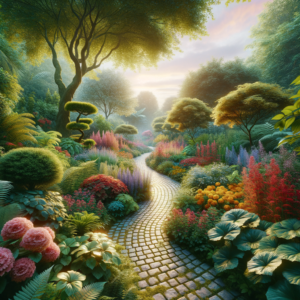 Serene garden path surrounded by vibrant flowers and greenery