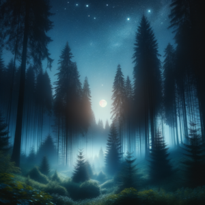 Enchanting forest night under a sky full of stars with soothing moonlight.