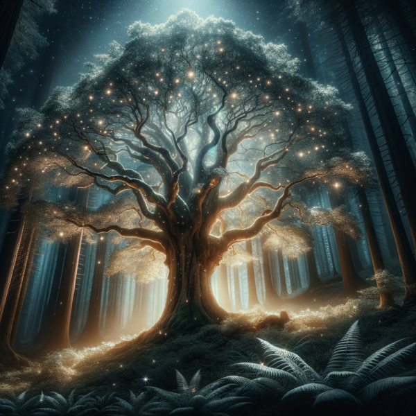 A majestic tree with shimmering leaves in a mystical forest