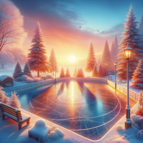 Beautiful ice rink scene captured at dawn with rays of sunlight enhancing the ice surface