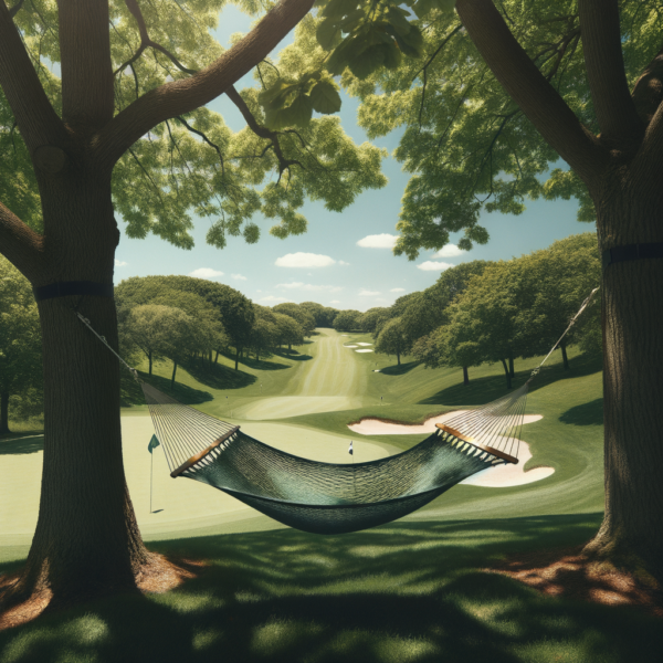 Empty golf course hammock under trees, representing relaxation and mental mastery in golf.