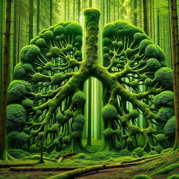 Conceptual image of lung-like trees in a forest represents synchronized breathing.