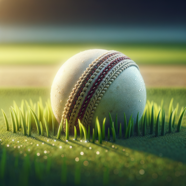 A close-up of a cricket ball resting on the pitch, symbolizing concentration and focus