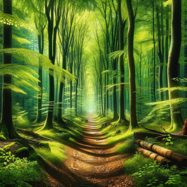 A peaceful forest path shaded by tall trees, symbolizing the journey to inner peace.