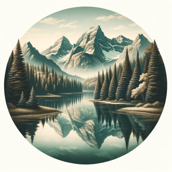 A still mountain lake reflecting surrounding peaks