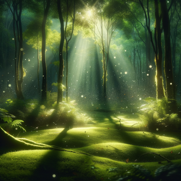 Forest clearing with sunlight and serene atmosphere