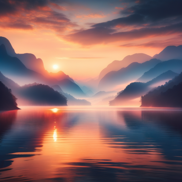 Sunrise over a calm lake with mist and mountains in the background