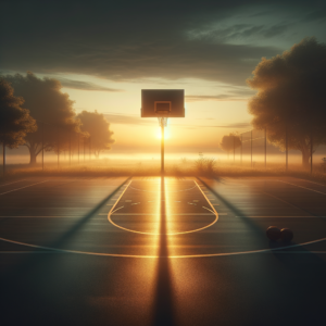 A serene basketball court at sunrise