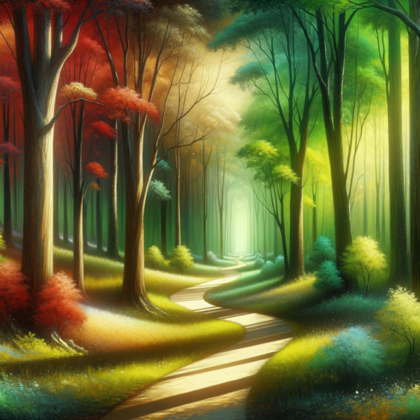 A path through a vibrant, colorful forest, inviting viewers on a journey of self-discovery and relaxation.