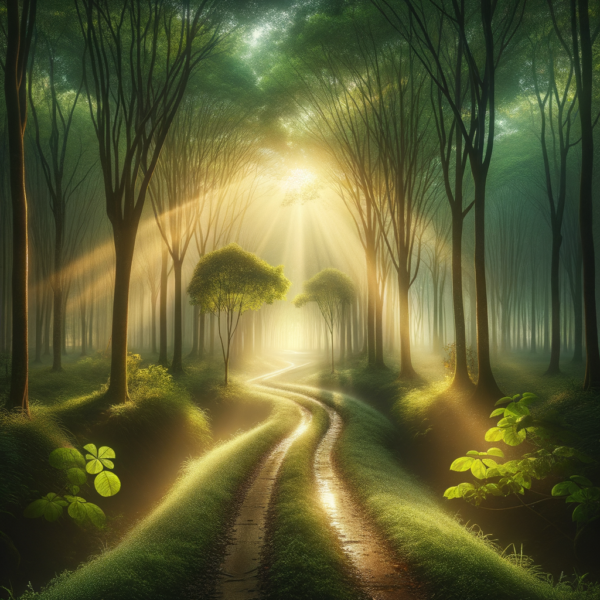 Envision a sunlit forest path representing a journey towards personal growth and productivity