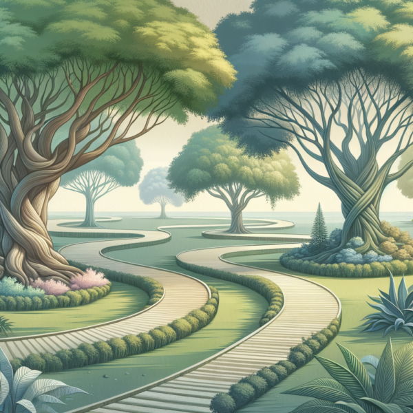 A scenic garden with winding pathways and majestic trees