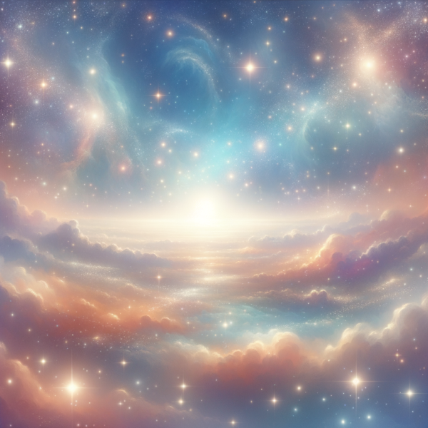 Tranquil cosmic scene with soft colors and celestial elements