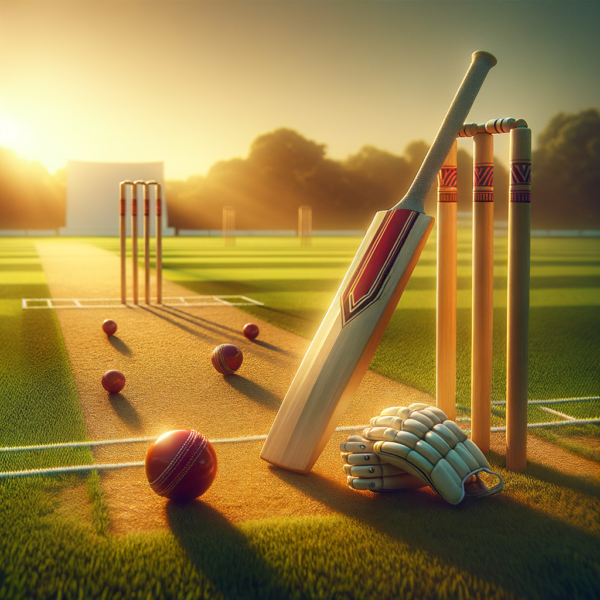 A tranquil cricket field with sunlight streaming over neatly cut grass and stumps casting long shadows.