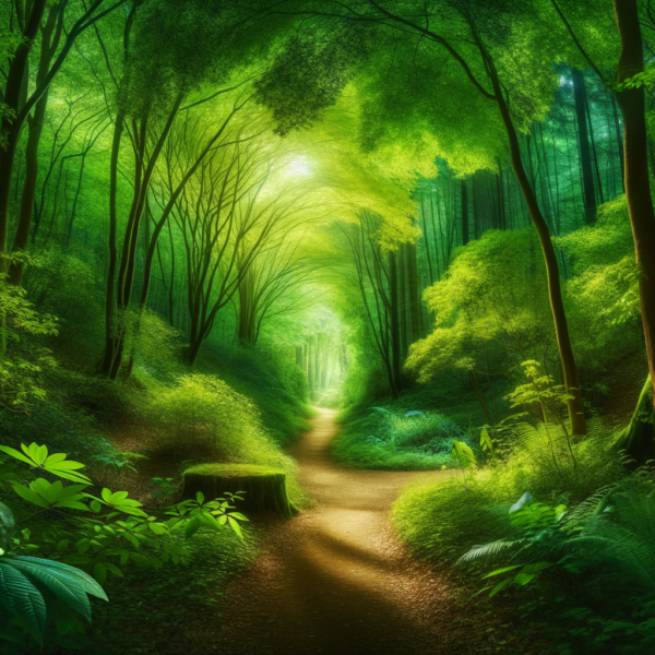 A quiet path winding through a lush green forest