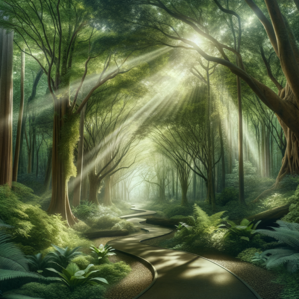 A serene forest pathway surrounded by lush green trees with sunlight filtering through