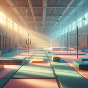 Calming gym setting with tranquil lighting and equipment