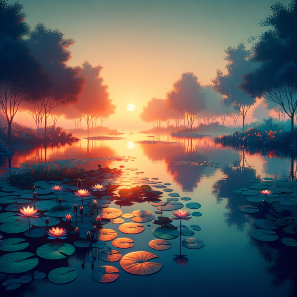 An image depicting calm water lilies on a tranquil pond symbolizing a peaceful mind-body connection.