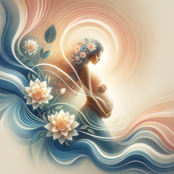 Visualization of a serene expectant mother surrounded by calming natural elements