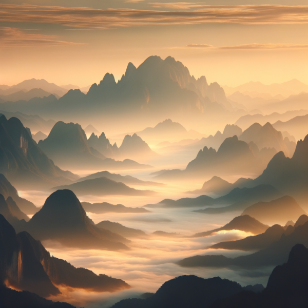 Tranquil mountain scene with misty peaks