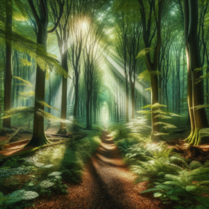 A tranquil forest path surrounded by sunlight and tall trees, symbolizing a peaceful journey